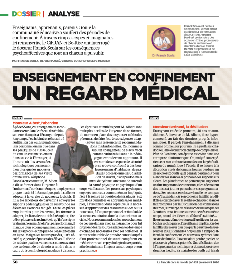 Enseignement en confinement, un regard médical, par la revue Le Français dans le monde (Juillet-Août 2020)